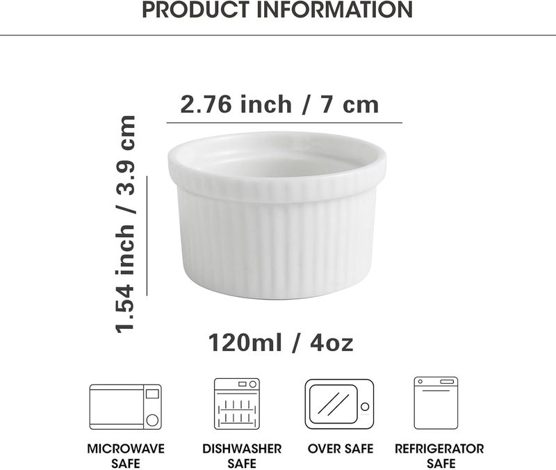 Feenmai Ramekins 4 oz Creme Brulee Ramekins Oven Safe Bowls Set of 6 Small Ceramic Baking Bowls Porcelain Pudding Custard Souffle Bowls Dipping Sauce Bowls White Kitchen Remekins for Baking - Image 2
